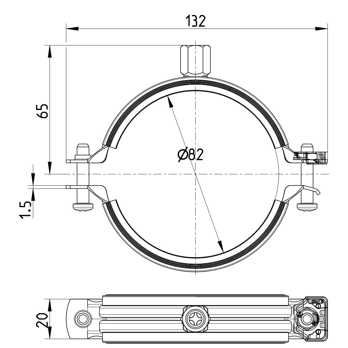 Line drawing of a pipe hanger from the series Pipe hanger-EPDM-galvanized.