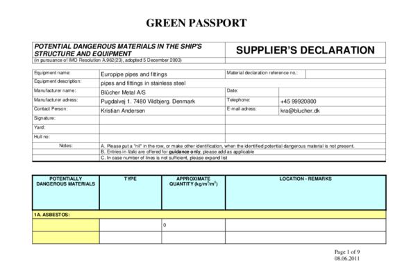 Green passport - BLÜCHER® EuroPipe, Pipes and fittings in pursuance of IMO Resolution A.962