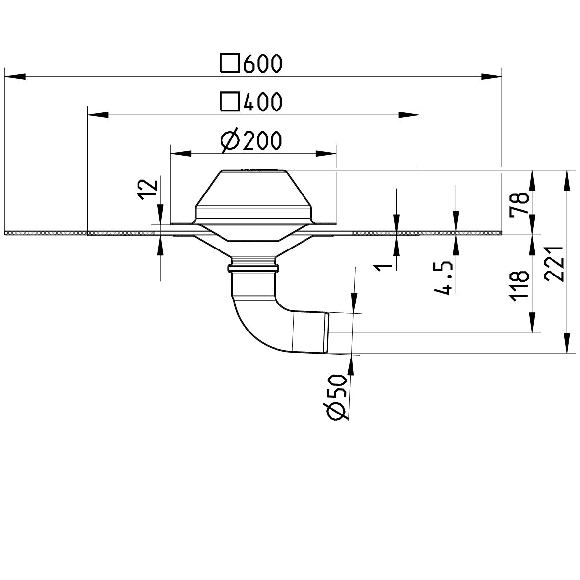 Line drawing of a drain from the series Drain for siphonic-bitumen collar.